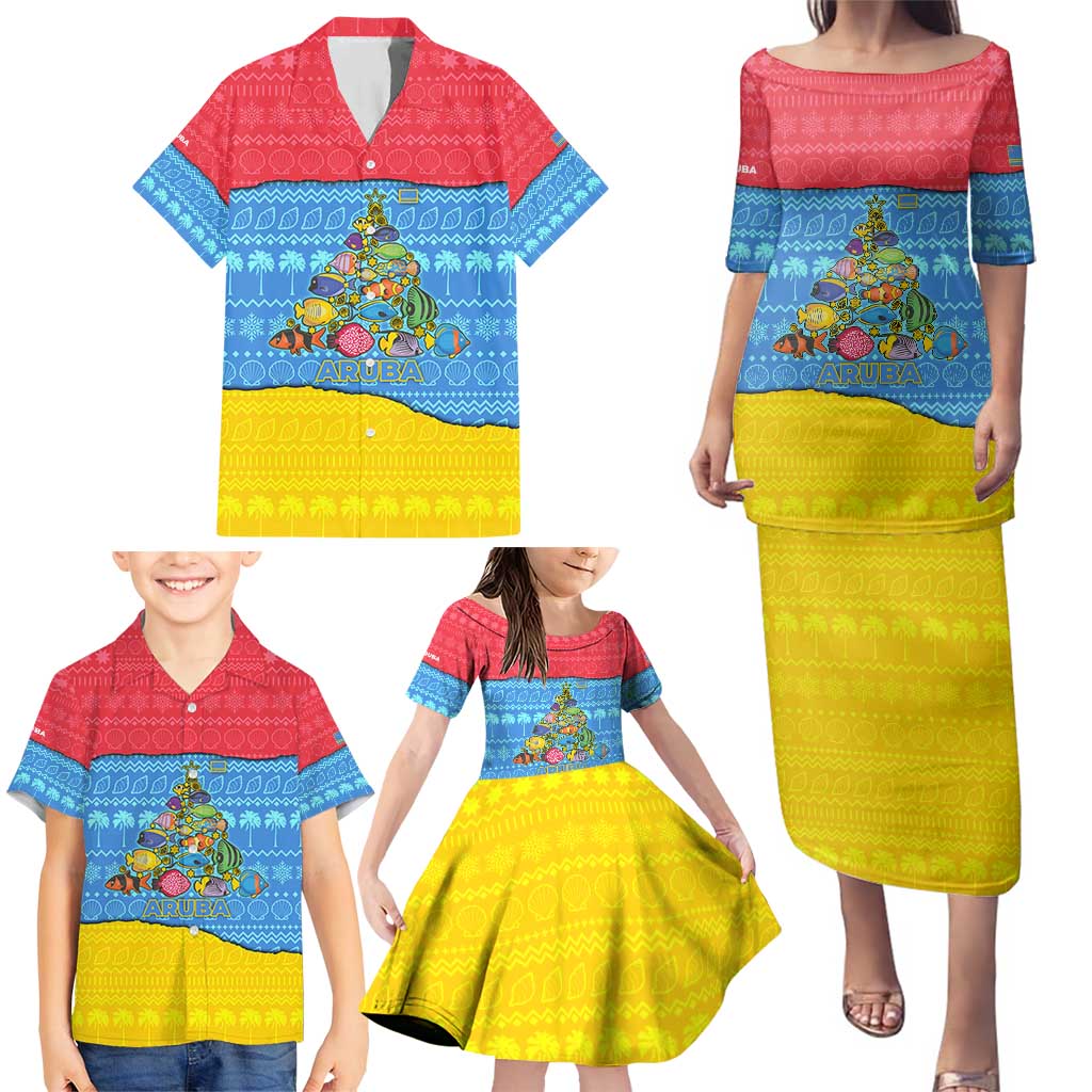 Aruba Christmas Family Matching Puletasi and Hawaiian Shirt with Fish Christmas Tree Aruba Flag and Red Blue Yellow Tropical Pattern Design - Wonder Print Shop