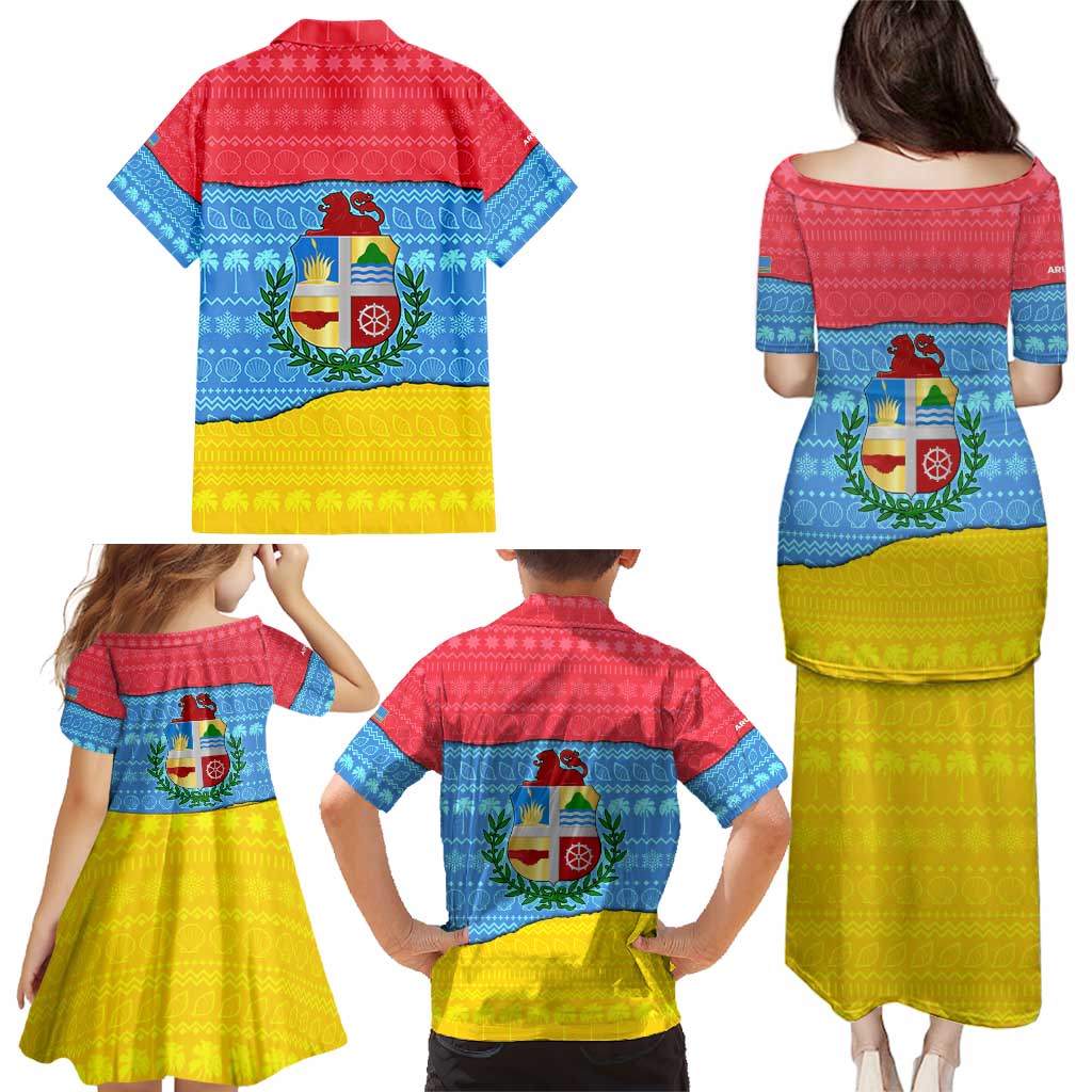 Aruba Christmas Family Matching Puletasi and Hawaiian Shirt with Fish Christmas Tree Aruba Flag and Red Blue Yellow Tropical Pattern Design - Wonder Print Shop