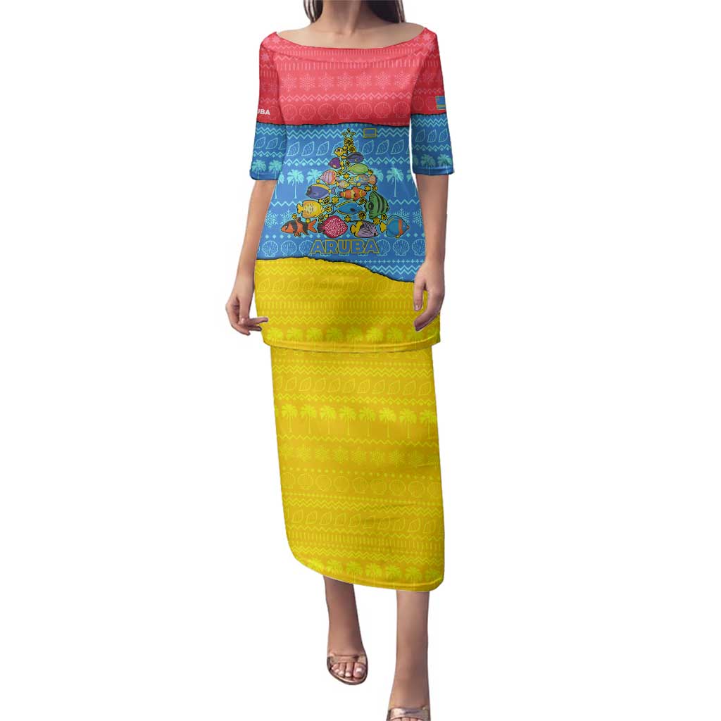 Aruba Christmas Family Matching Puletasi and Hawaiian Shirt with Fish Christmas Tree Aruba Flag and Red Blue Yellow Tropical Pattern Design - Wonder Print Shop