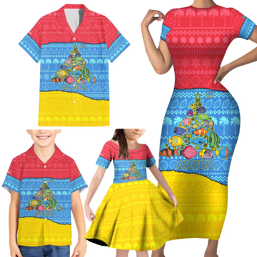 Aruba Christmas Family Matching Short Sleeve Bodycon Dress and Hawaiian Shirt with Fish Christmas Tree Aruba Flag and Red Blue Yellow Tropical Pattern Design - Wonder Print Shop