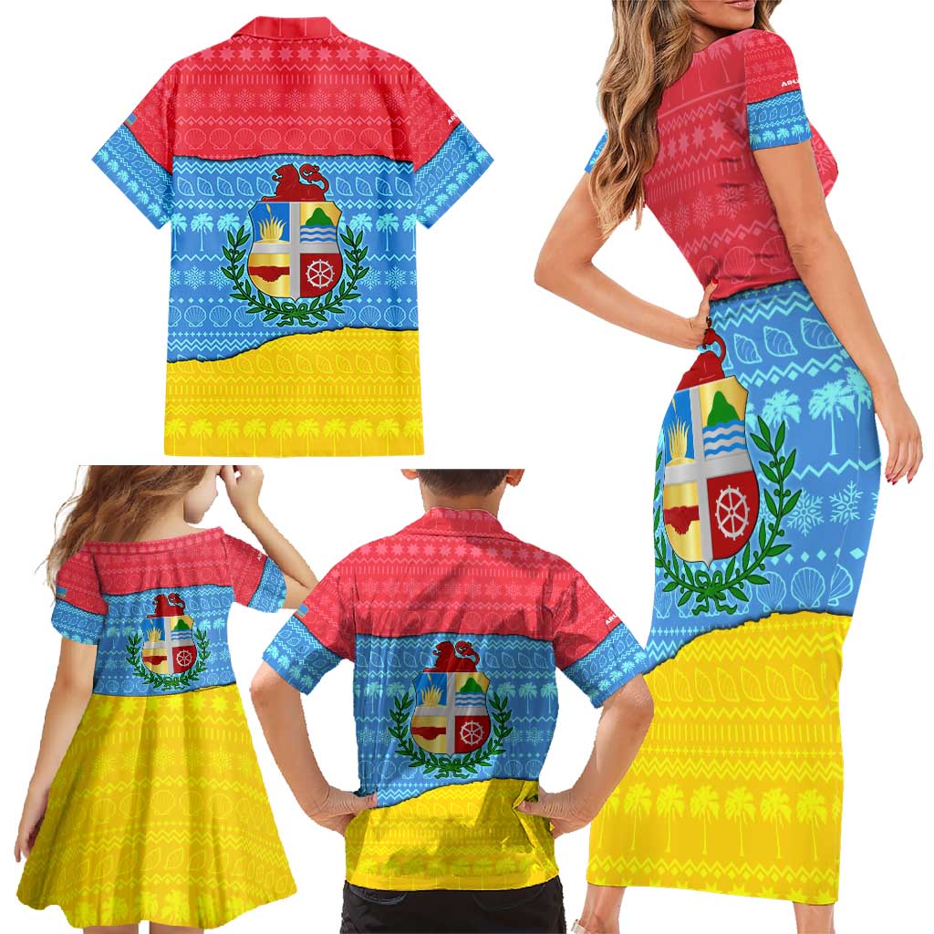 Aruba Christmas Family Matching Short Sleeve Bodycon Dress and Hawaiian Shirt with Fish Christmas Tree Aruba Flag and Red Blue Yellow Tropical Pattern Design - Wonder Print Shop