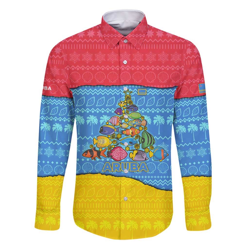 Aruba Christmas Family Matching Short Sleeve Bodycon Dress and Hawaiian Shirt with Fish Christmas Tree Aruba Flag and Red Blue Yellow Tropical Pattern Design - Wonder Print Shop