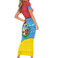 Aruba Christmas Family Matching Short Sleeve Bodycon Dress and Hawaiian Shirt with Fish Christmas Tree Aruba Flag and Red Blue Yellow Tropical Pattern Design - Wonder Print Shop