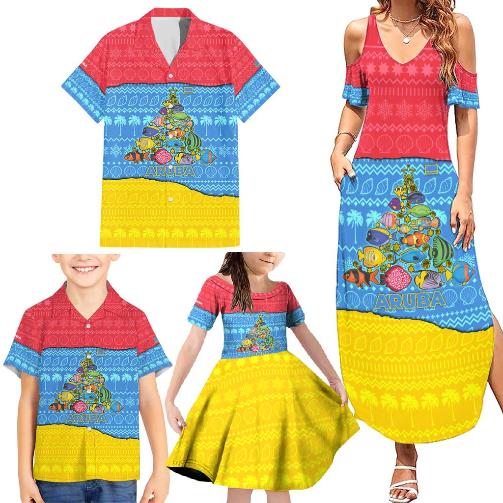 Aruba Christmas Family Matching Summer Maxi Dress and Hawaiian Shirt with Fish Christmas Tree Aruba Flag and Red Blue Yellow Tropical Pattern Design - Wonder Print Shop