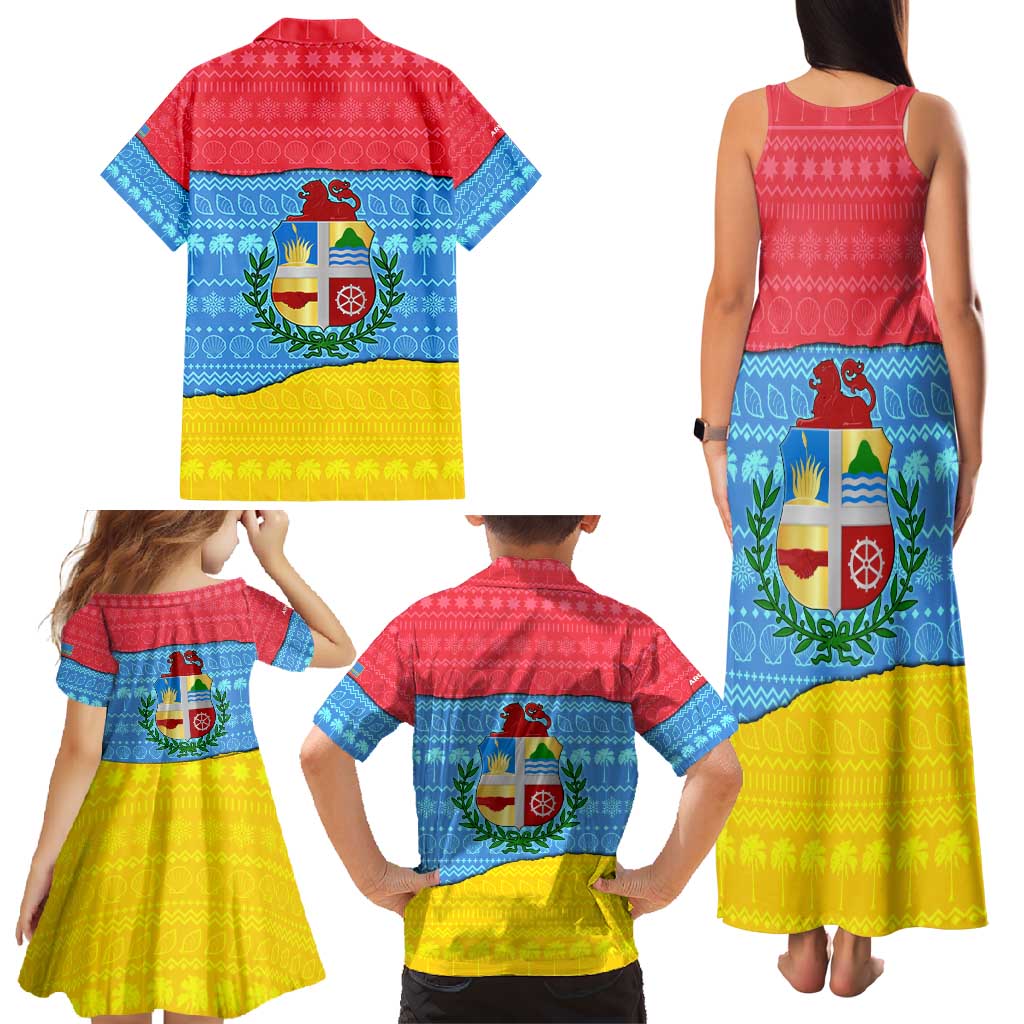 Aruba Christmas Family Matching Tank Maxi Dress and Hawaiian Shirt with Fish Christmas Tree Aruba Flag and Red Blue Yellow Tropical Pattern Design - Wonder Print Shop