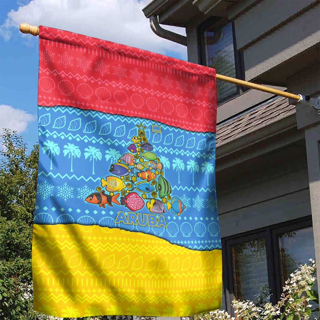 Aruba Christmas Garden Flag with Fish Christmas Tree Aruba Flag and Red Blue Yellow Tropical Pattern Design - Wonder Print Shop
