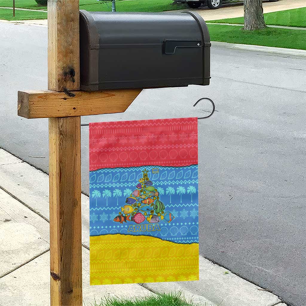 Aruba Christmas Garden Flag with Fish Christmas Tree Aruba Flag and Red Blue Yellow Tropical Pattern Design - Wonder Print Shop