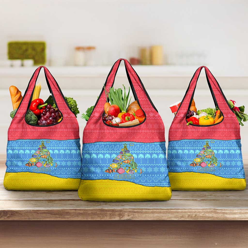 Aruba Christmas Grocery Bag with Fish Christmas Tree Aruba Flag and Red Blue Yellow Tropical Pattern Design - Wonder Print Shop
