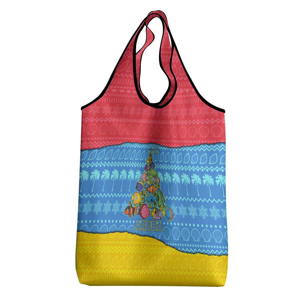 Aruba Christmas Grocery Bag with Fish Christmas Tree Aruba Flag and Red Blue Yellow Tropical Pattern Design - Wonder Print Shop
