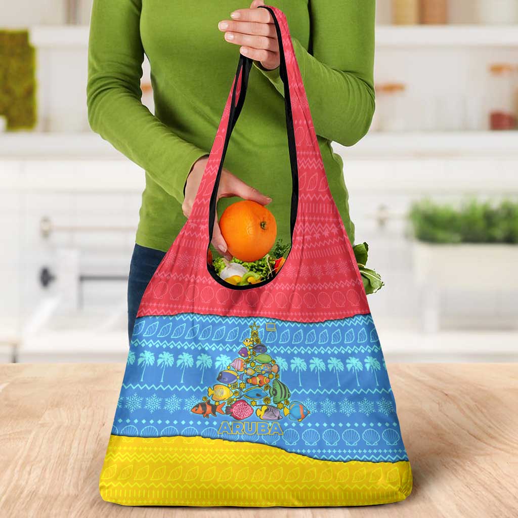 Aruba Christmas Grocery Bag with Fish Christmas Tree Aruba Flag and Red Blue Yellow Tropical Pattern Design - Wonder Print Shop