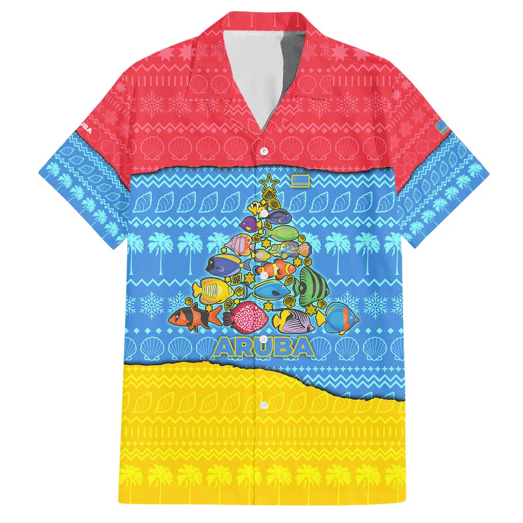 Aruba Christmas Hawaiian Shirt with Fish Christmas Tree Aruba Flag and Red Blue Yellow Tropical Pattern Design - Wonder Print Shop