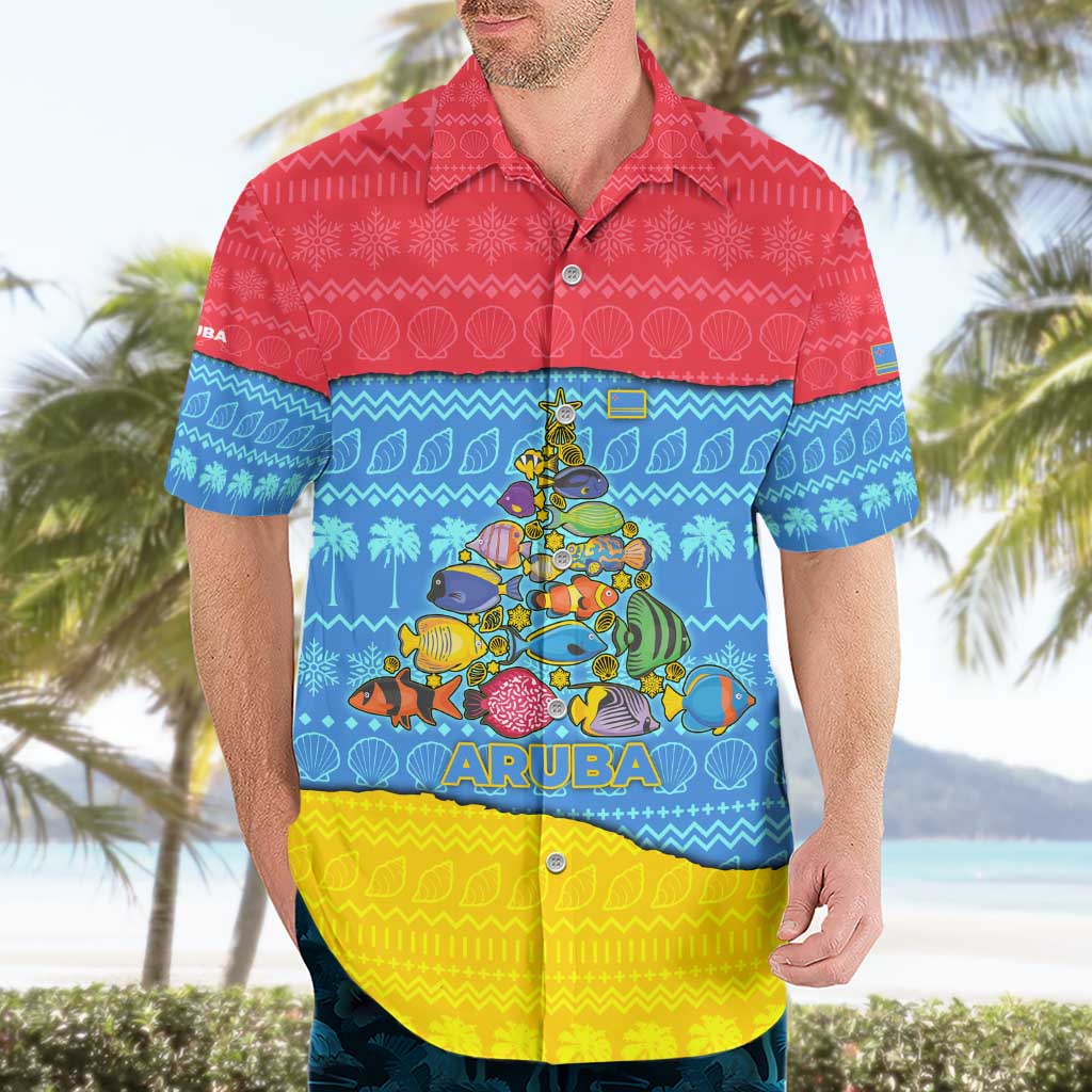 Aruba Christmas Hawaiian Shirt with Fish Christmas Tree Aruba Flag and Red Blue Yellow Tropical Pattern Design - Wonder Print Shop