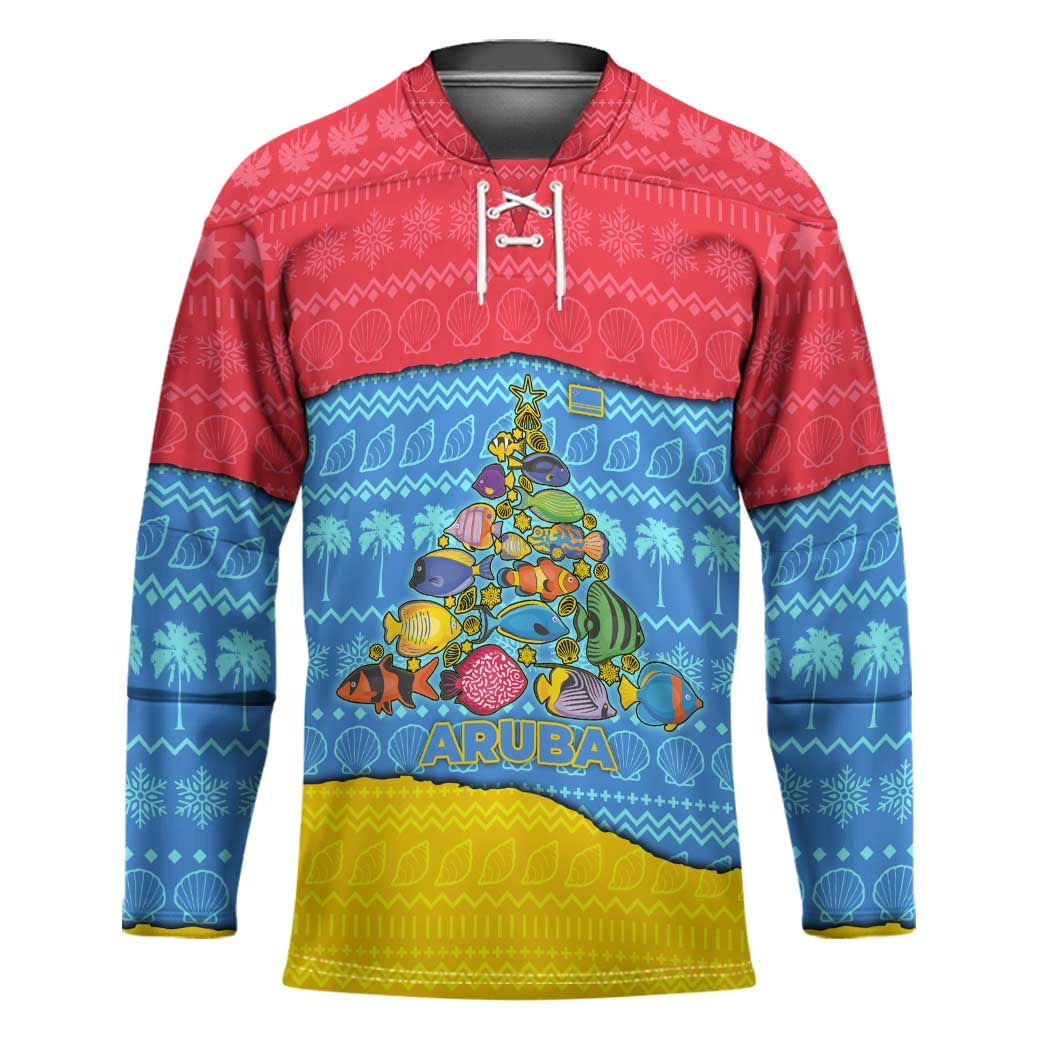 Aruba Christmas Hockey Jersey with Fish Christmas Tree Aruba Flag and Red Blue Yellow Tropical Pattern Design - Wonder Print Shop