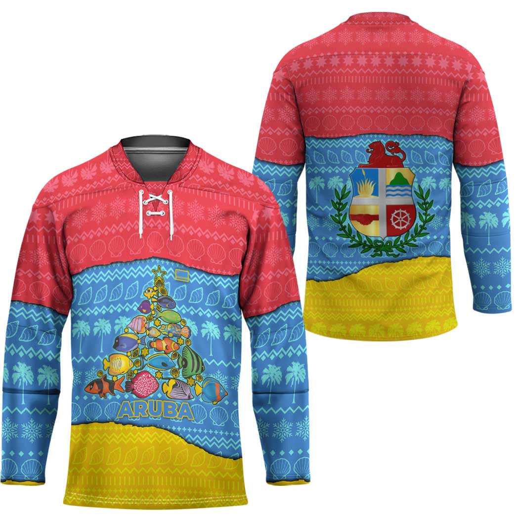 Aruba Christmas Hockey Jersey with Fish Christmas Tree Aruba Flag and Red Blue Yellow Tropical Pattern Design - Wonder Print Shop