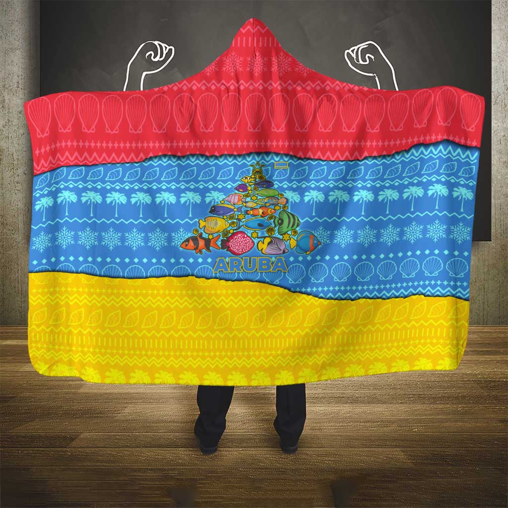 Aruba Christmas Hooded Blanket with Fish Christmas Tree Aruba Flag and Red Blue Yellow Tropical Pattern Design - Wonder Print Shop