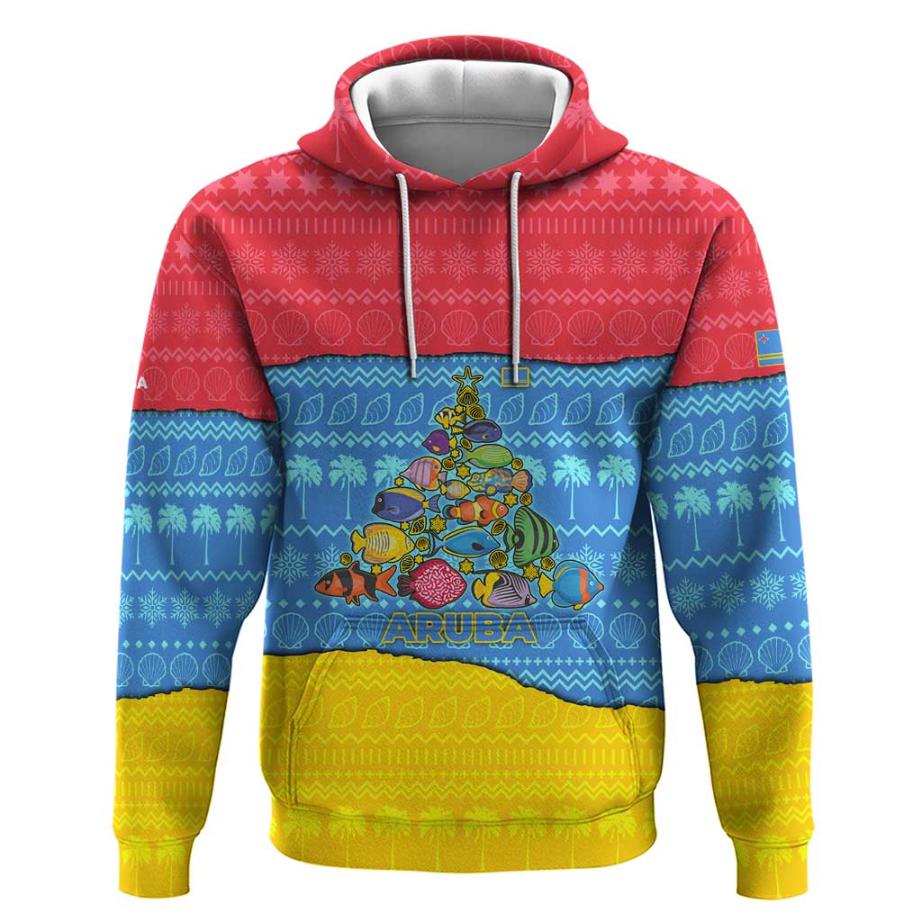 Aruba Christmas Hoodie with Fish Christmas Tree Aruba Flag and Red Blue Yellow Tropical Pattern Design - Wonder Print Shop