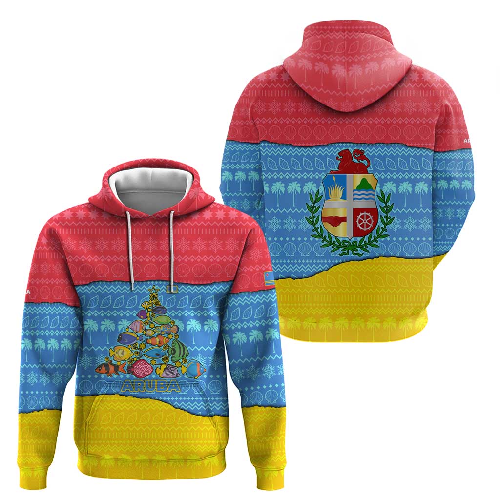 Aruba Christmas Hoodie with Fish Christmas Tree Aruba Flag and Red Blue Yellow Tropical Pattern Design - Wonder Print Shop