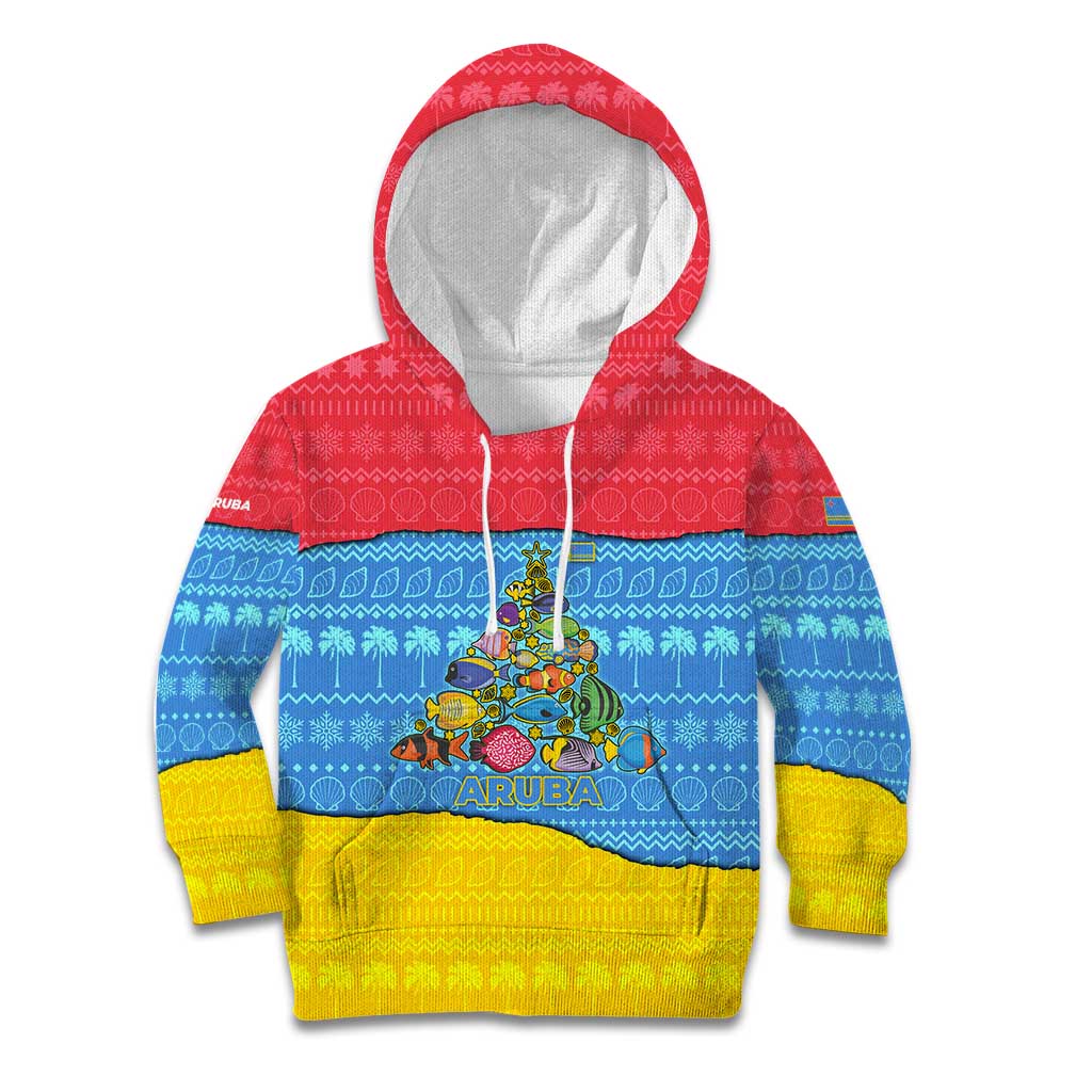 Aruba Christmas Kid Hoodie with Fish Christmas Tree Aruba Flag and Red Blue Yellow Tropical Pattern Design - Wonder Print Shop