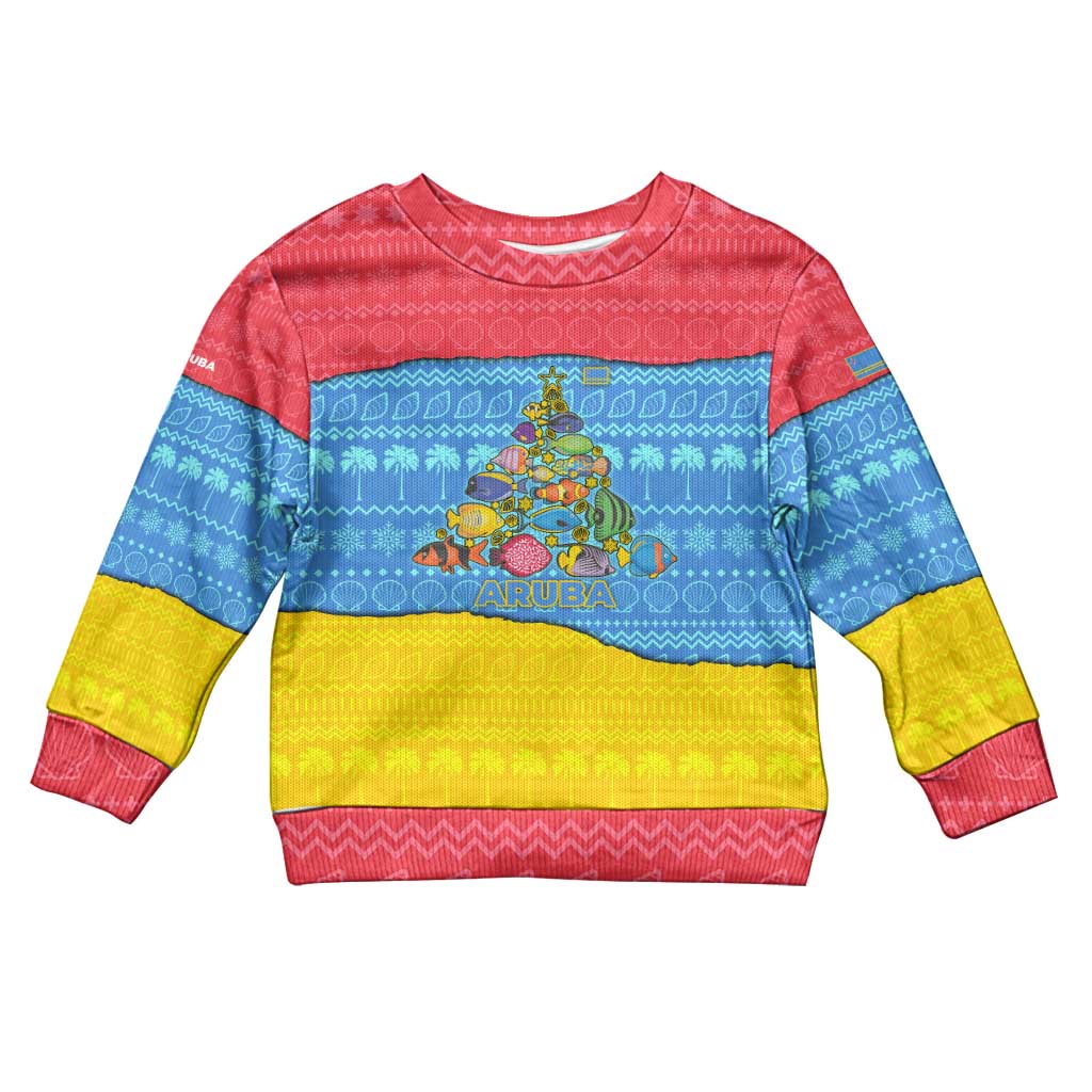 Aruba Christmas Kid Ugly Christmas Sweater with Fish Christmas Tree Aruba Flag and Red Blue Yellow Tropical Pattern Design - Wonder Print Shop