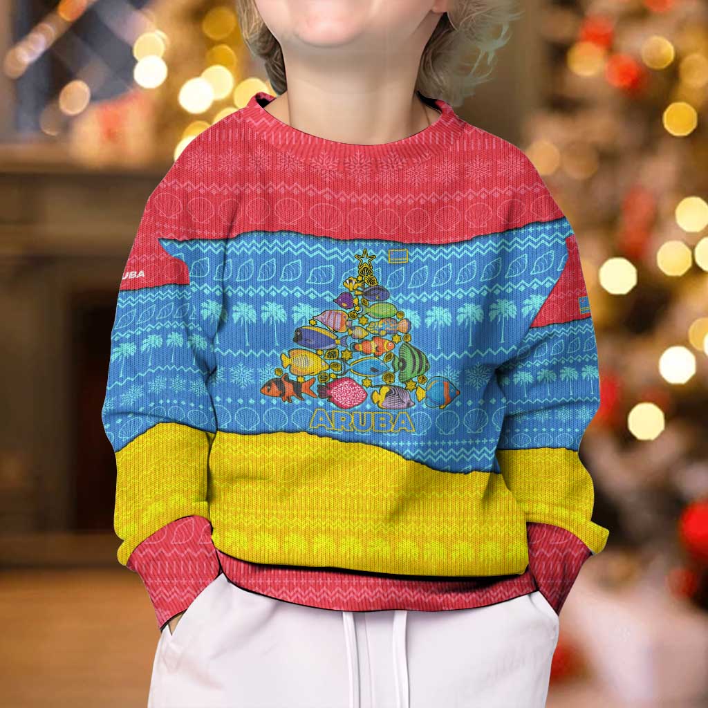 Aruba Christmas Kid Ugly Christmas Sweater with Fish Christmas Tree Aruba Flag and Red Blue Yellow Tropical Pattern Design - Wonder Print Shop