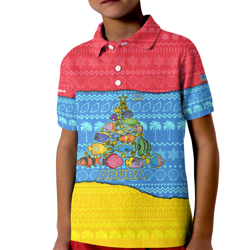 Aruba Christmas Kid Polo Shirt with Fish Christmas Tree Aruba Flag and Red Blue Yellow Tropical Pattern Design - Wonder Print Shop