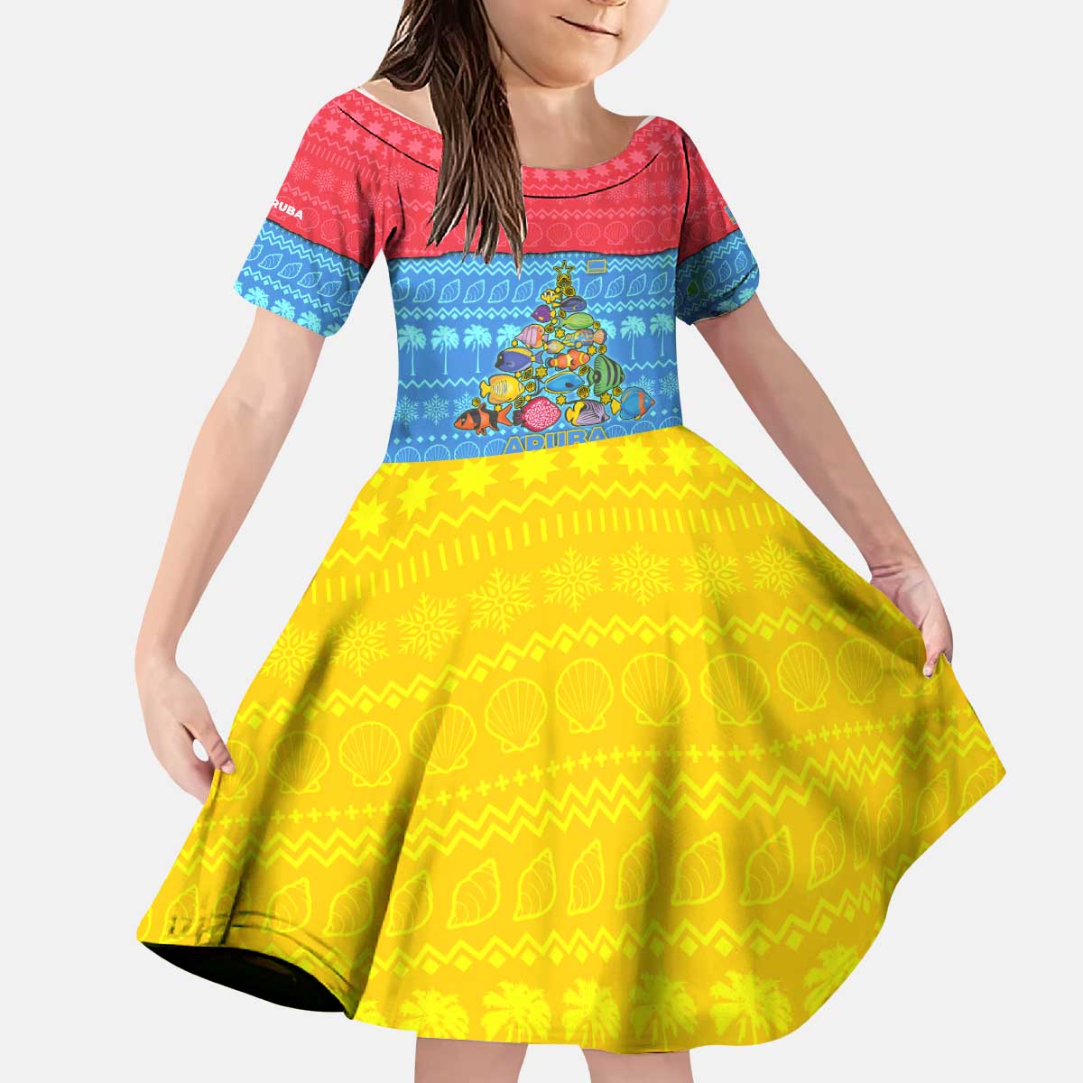 Aruba Christmas Kid Short Sleeve Dress with Fish Christmas Tree Aruba Flag and Red Blue Yellow Tropical Pattern Design - Wonder Print Shop