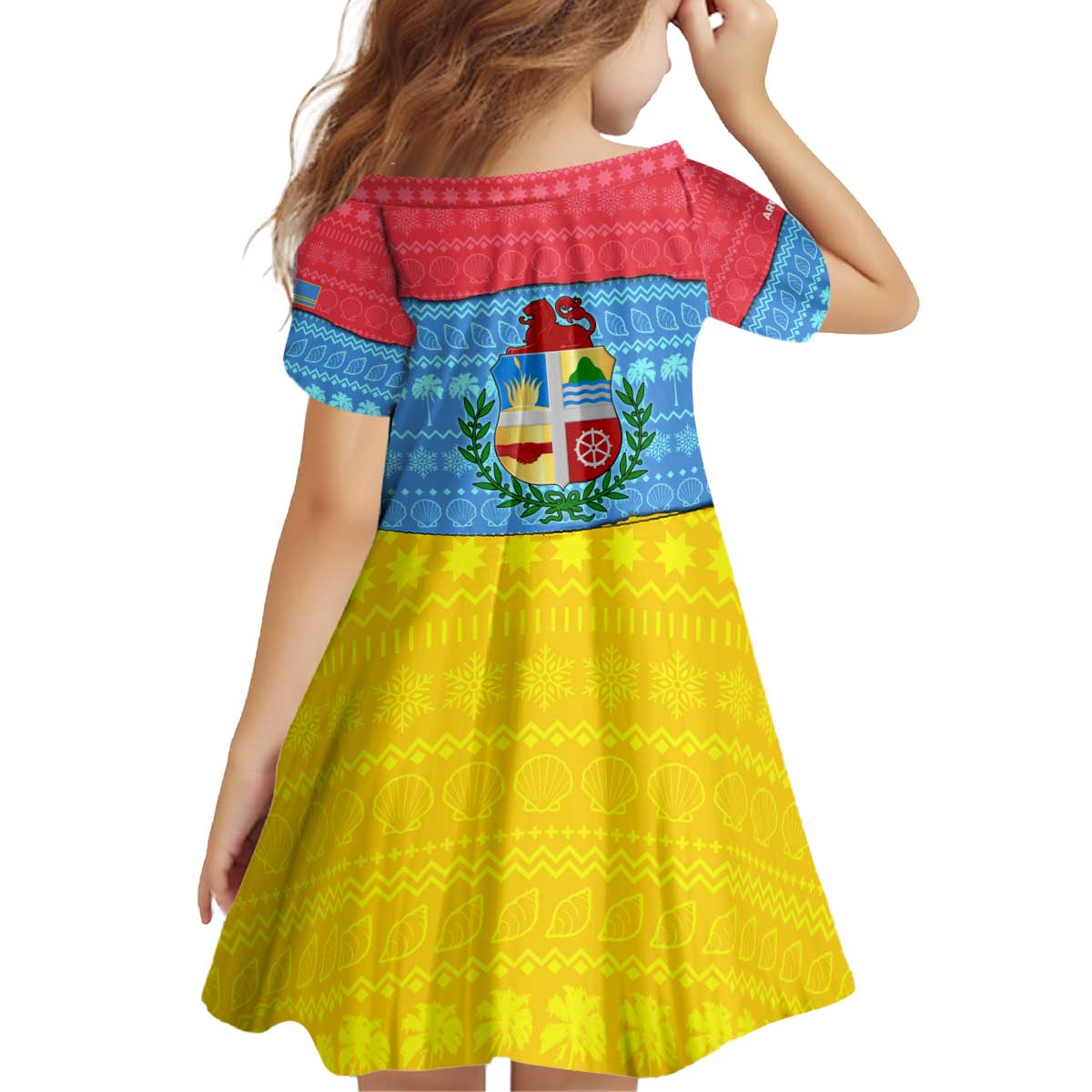 Aruba Christmas Kid Short Sleeve Dress with Fish Christmas Tree Aruba Flag and Red Blue Yellow Tropical Pattern Design - Wonder Print Shop