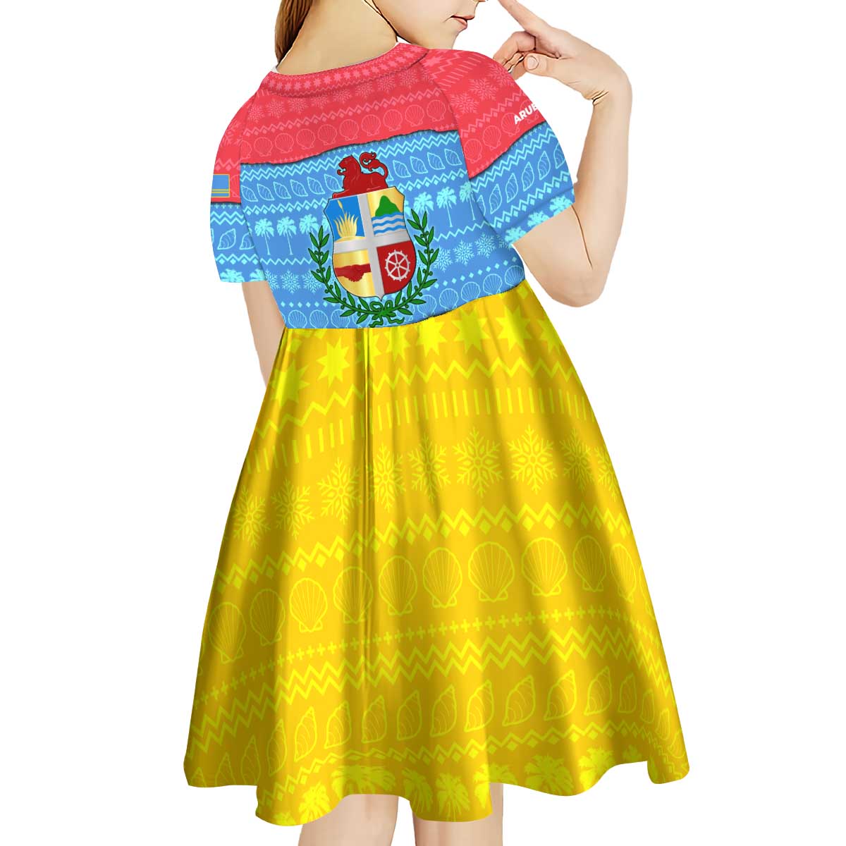 Aruba Christmas Kid Short Sleeve Dress with Fish Christmas Tree Aruba Flag and Red Blue Yellow Tropical Pattern Design - Wonder Print Shop