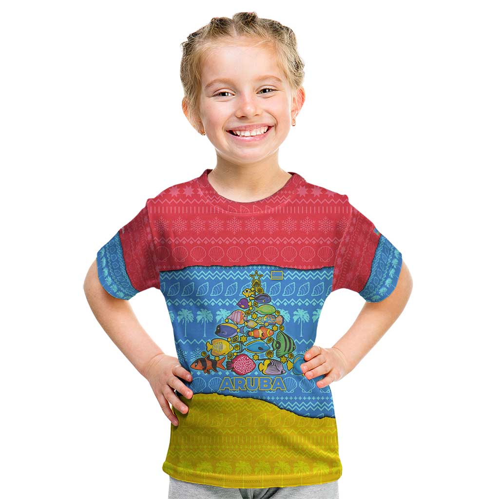 Aruba Christmas Kid T Shirt with Fish Christmas Tree Aruba Flag and Red Blue Yellow Tropical Pattern Design - Wonder Print Shop