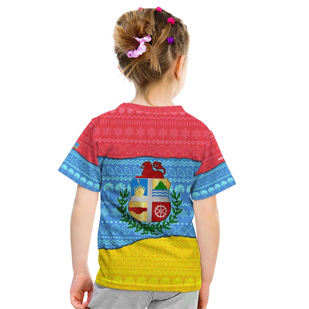 Aruba Christmas Kid T Shirt with Fish Christmas Tree Aruba Flag and Red Blue Yellow Tropical Pattern Design - Wonder Print Shop