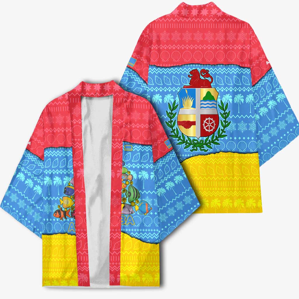 Aruba Christmas Kimono with Fish Christmas Tree Aruba Flag and Red Blue Yellow Tropical Pattern Design - Wonder Print Shop