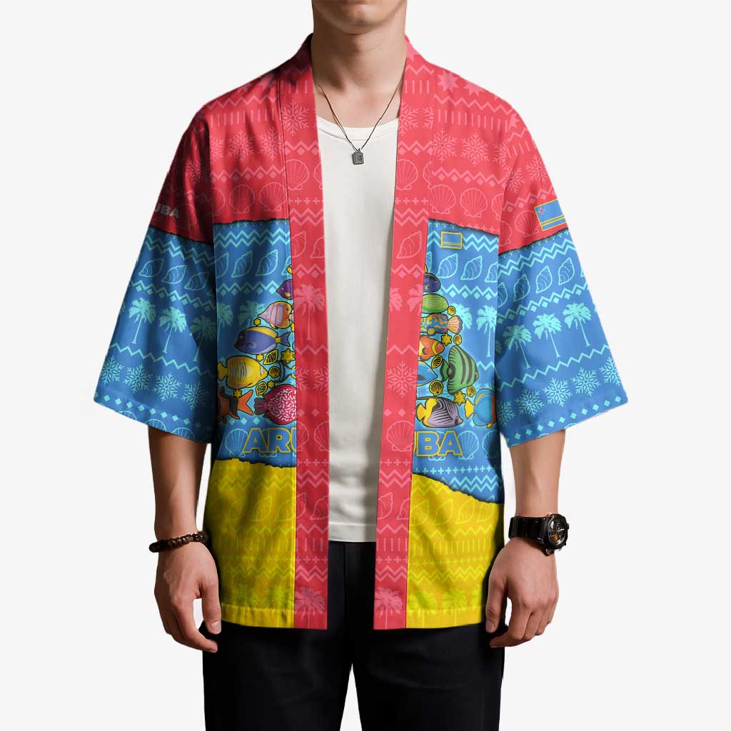 Aruba Christmas Kimono with Fish Christmas Tree Aruba Flag and Red Blue Yellow Tropical Pattern Design - Wonder Print Shop