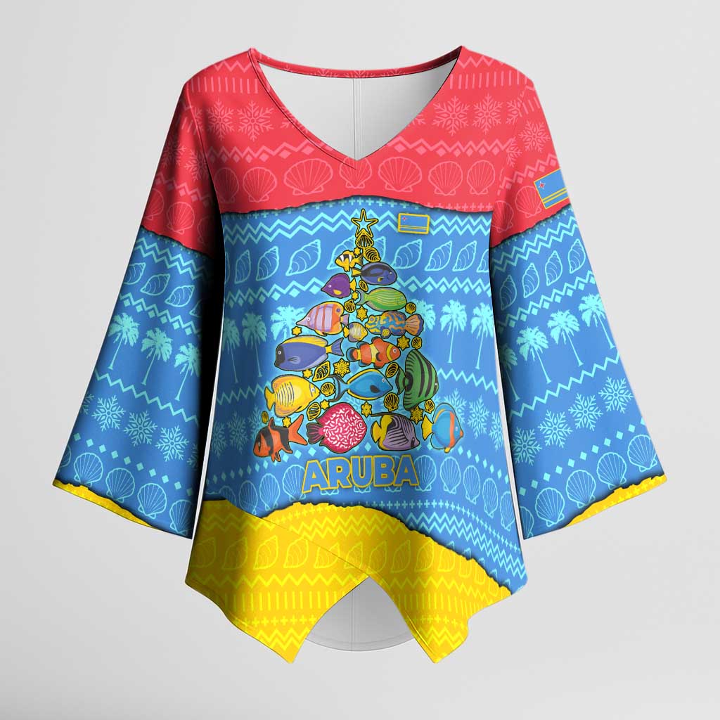 Aruba Christmas Kimono Sleeve Blouse with Fish Christmas Tree Aruba Flag and Red Blue Yellow Tropical Pattern Design - Wonder Print Shop