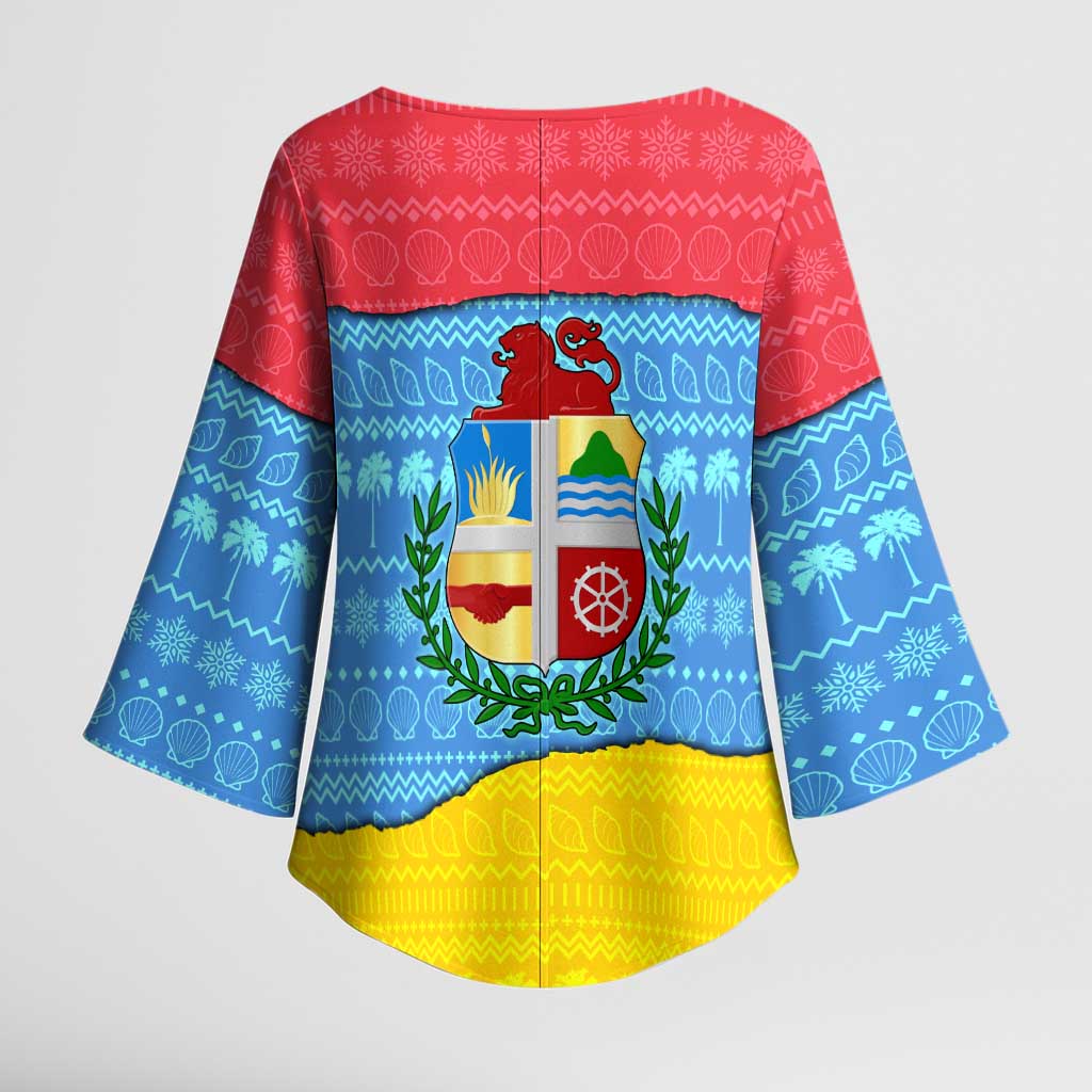 Aruba Christmas Kimono Sleeve Blouse with Fish Christmas Tree Aruba Flag and Red Blue Yellow Tropical Pattern Design - Wonder Print Shop