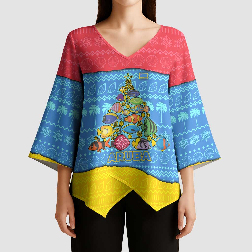 Aruba Christmas Kimono Sleeve Blouse with Fish Christmas Tree Aruba Flag and Red Blue Yellow Tropical Pattern Design - Wonder Print Shop