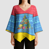 Aruba Christmas Kimono Sleeve Blouse with Fish Christmas Tree Aruba Flag and Red Blue Yellow Tropical Pattern Design - Wonder Print Shop