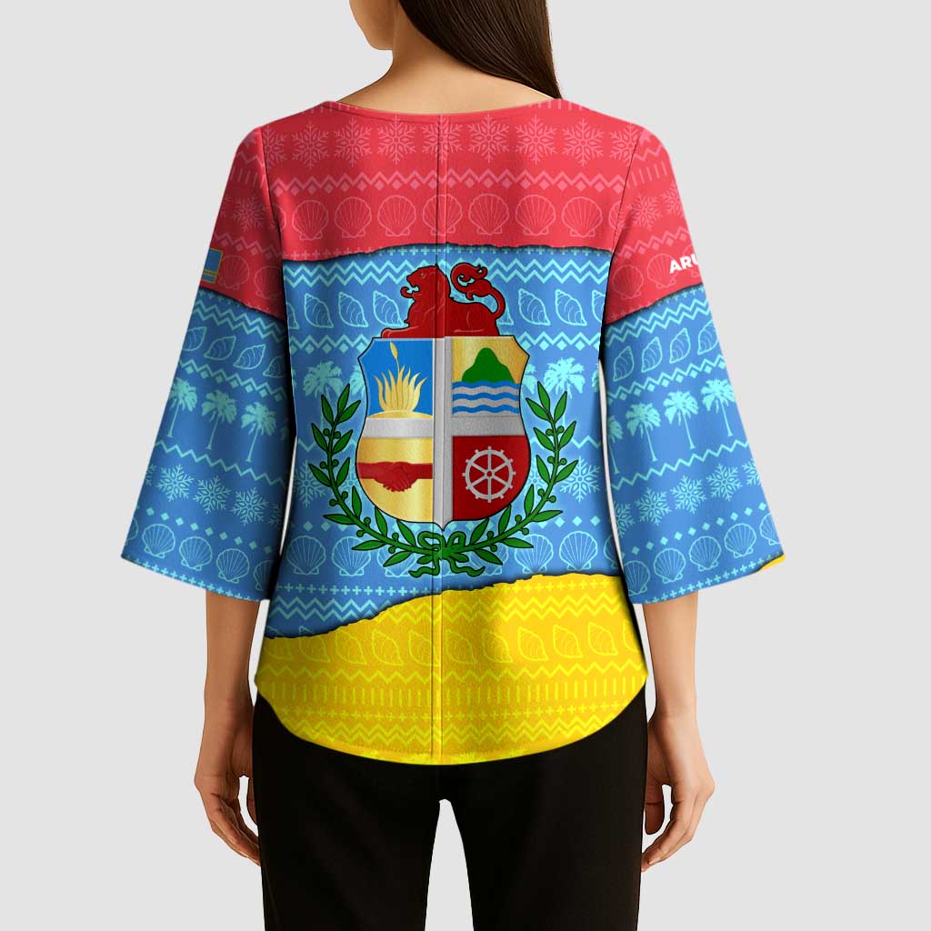 Aruba Christmas Kimono Sleeve Blouse with Fish Christmas Tree Aruba Flag and Red Blue Yellow Tropical Pattern Design - Wonder Print Shop