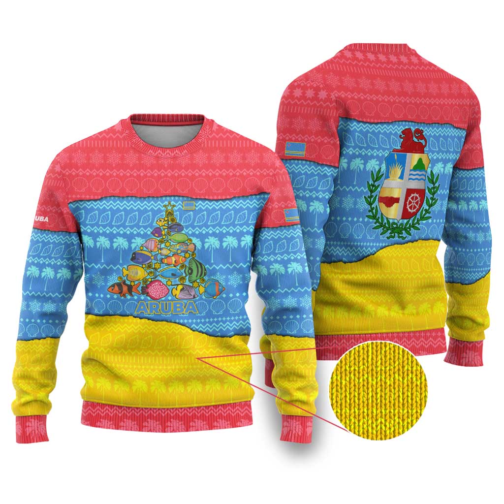 Aruba Christmas Ugly Christmas Sweater with Fish Christmas Tree Aruba Flag and Red Blue Yellow Tropical Pattern Design - Wonder Print Shop