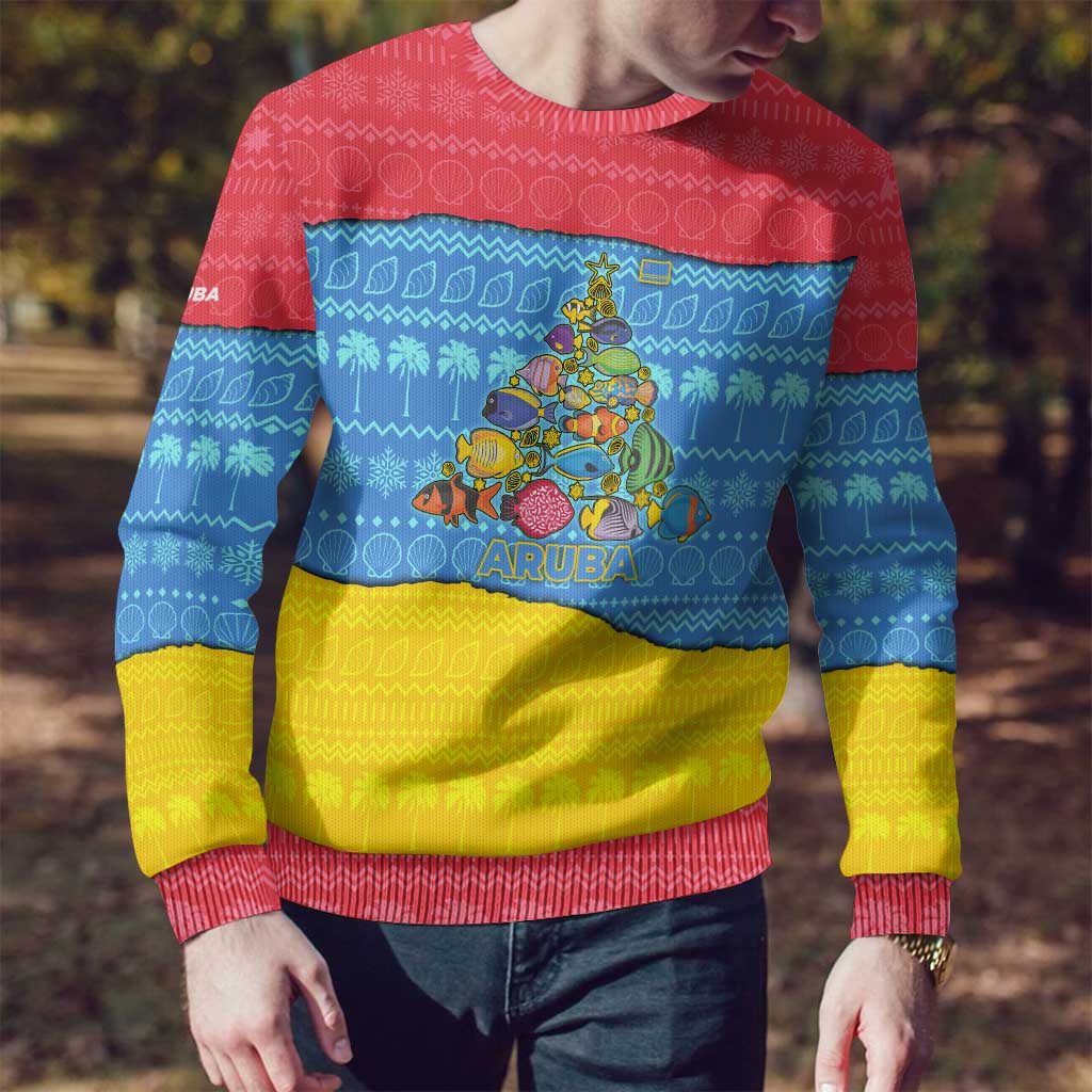 Aruba Christmas Ugly Christmas Sweater with Fish Christmas Tree Aruba Flag and Red Blue Yellow Tropical Pattern Design - Wonder Print Shop