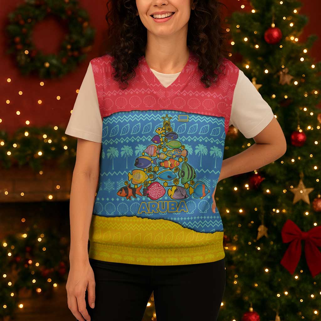 Aruba Christmas Knitted V-Neck Vest with Fish Christmas Tree Aruba Flag and Red Blue Yellow Tropical Pattern Design - Wonder Print Shop