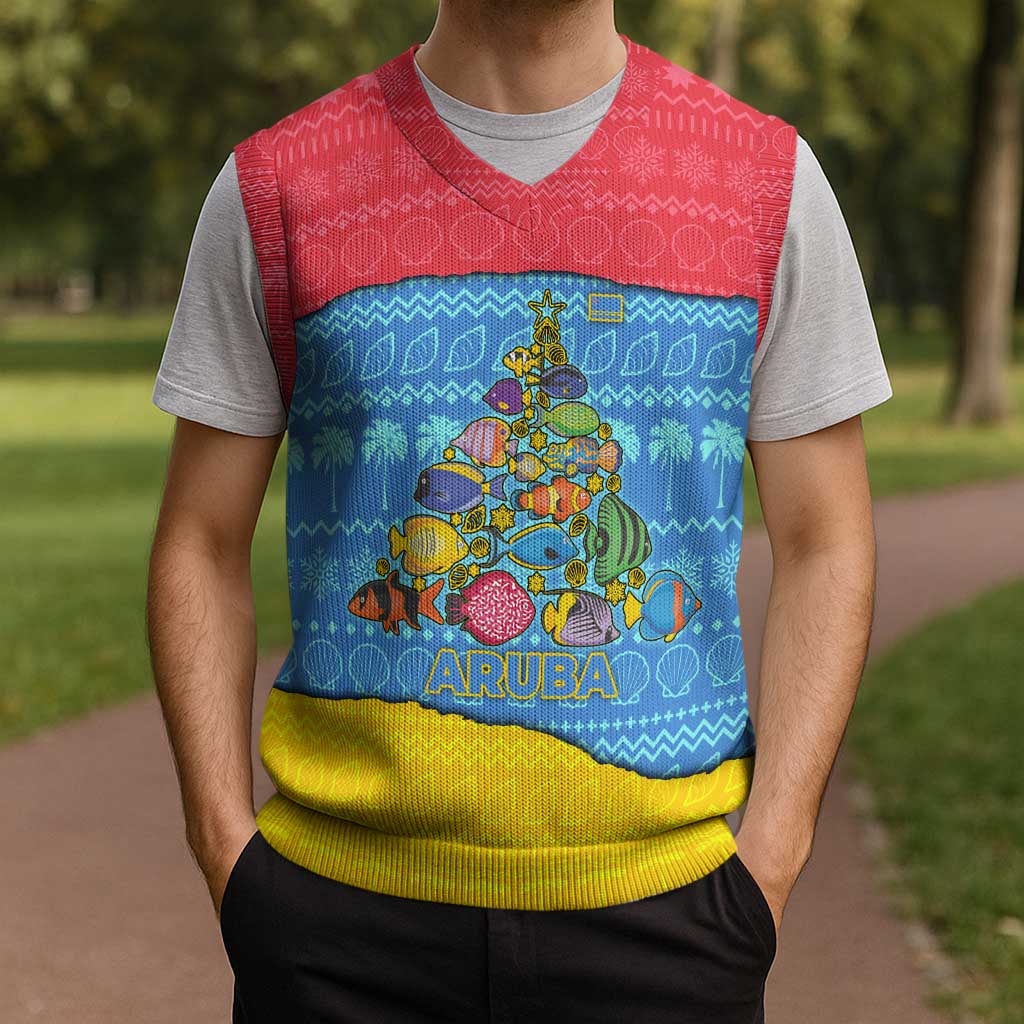 Aruba Christmas Knitted V-Neck Vest with Fish Christmas Tree Aruba Flag and Red Blue Yellow Tropical Pattern Design - Wonder Print Shop
