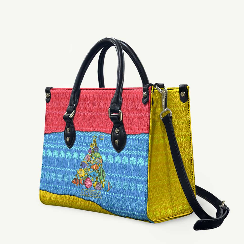 Aruba Christmas Leather Bag with Fish Christmas Tree Aruba Flag and Red Blue Yellow Tropical Pattern Design - Wonder Print Shop