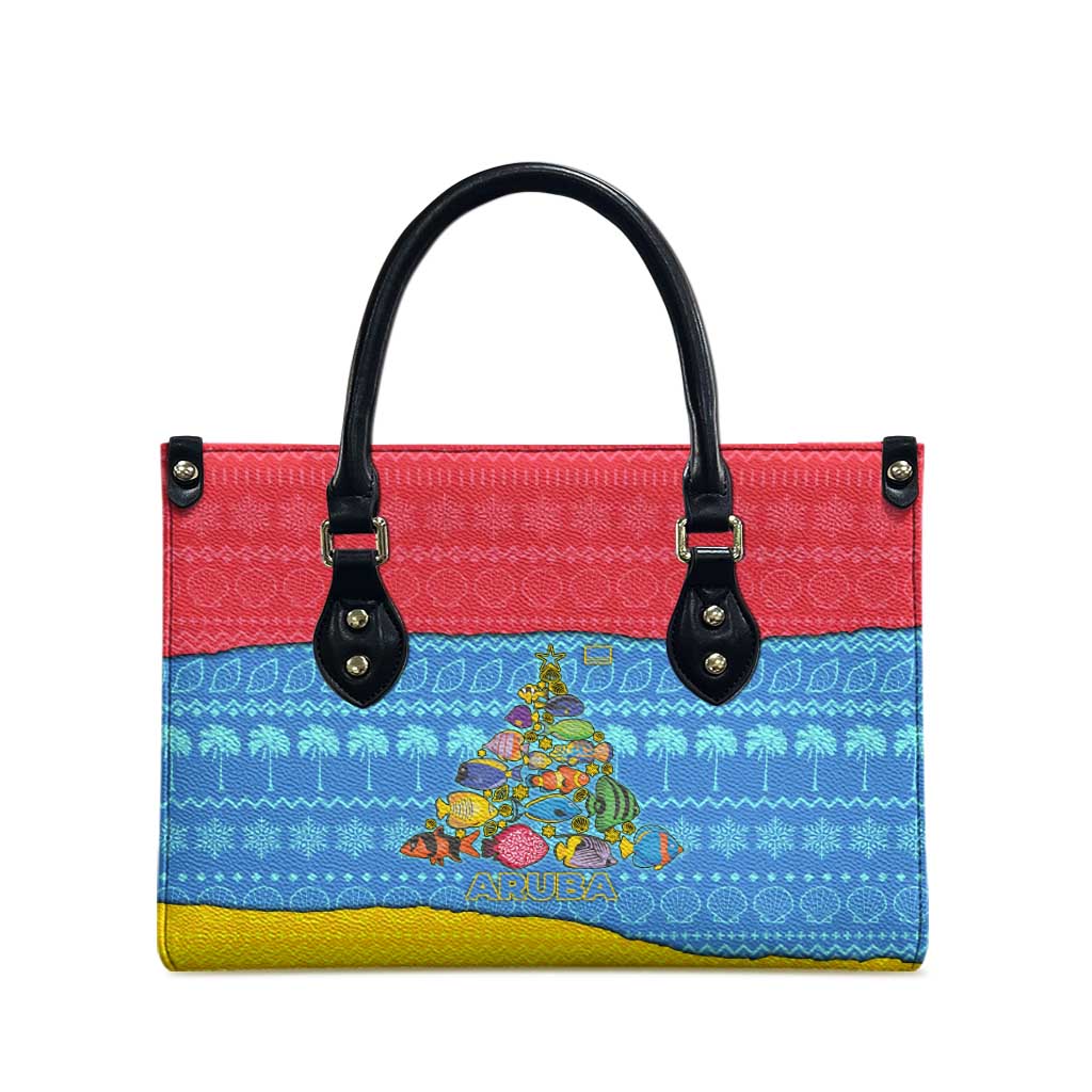 Aruba Christmas Leather Bag with Fish Christmas Tree Aruba Flag and Red Blue Yellow Tropical Pattern Design - Wonder Print Shop