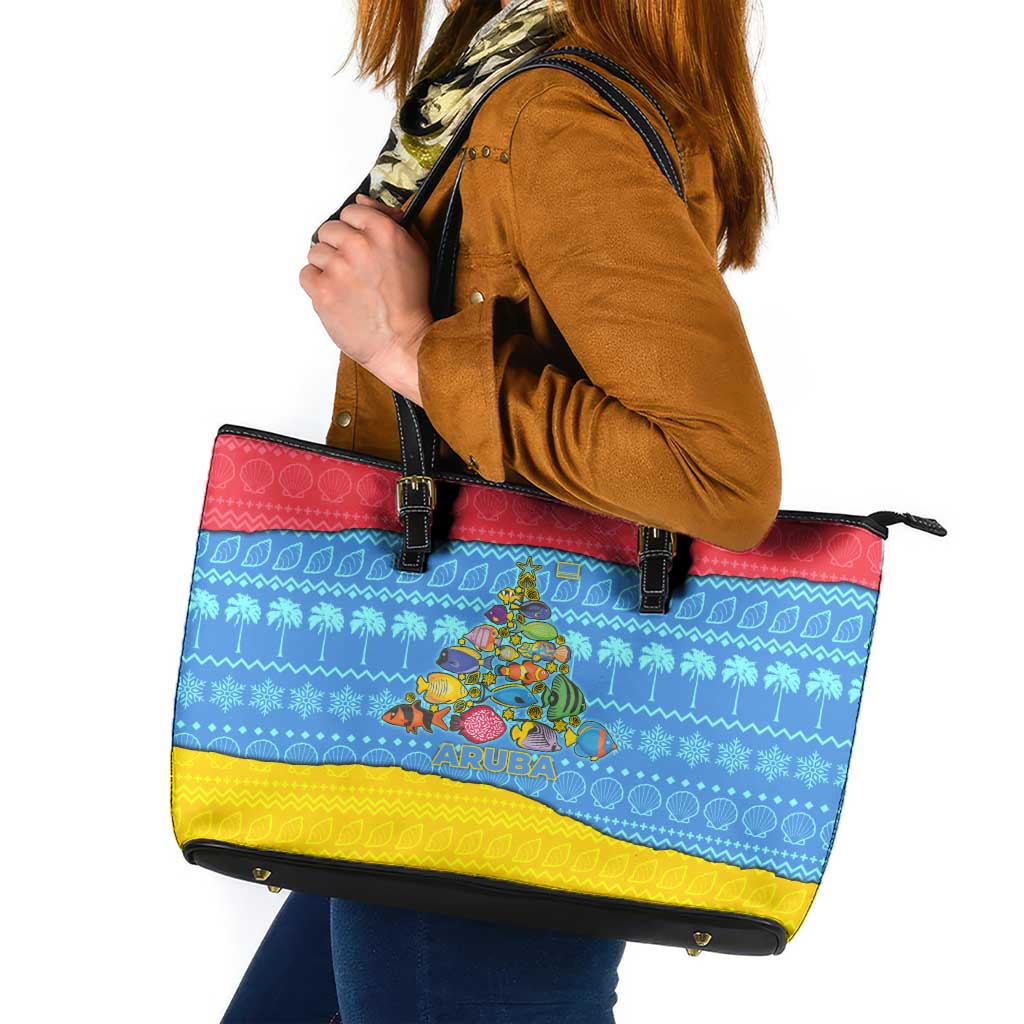 Aruba Christmas Leather Tote Bag with Fish Christmas Tree Aruba Flag and Red Blue Yellow Tropical Pattern Design - Wonder Print Shop