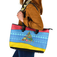Aruba Christmas Leather Tote Bag with Fish Christmas Tree Aruba Flag and Red Blue Yellow Tropical Pattern Design - Wonder Print Shop