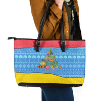 Aruba Christmas Leather Tote Bag with Fish Christmas Tree Aruba Flag and Red Blue Yellow Tropical Pattern Design - Wonder Print Shop