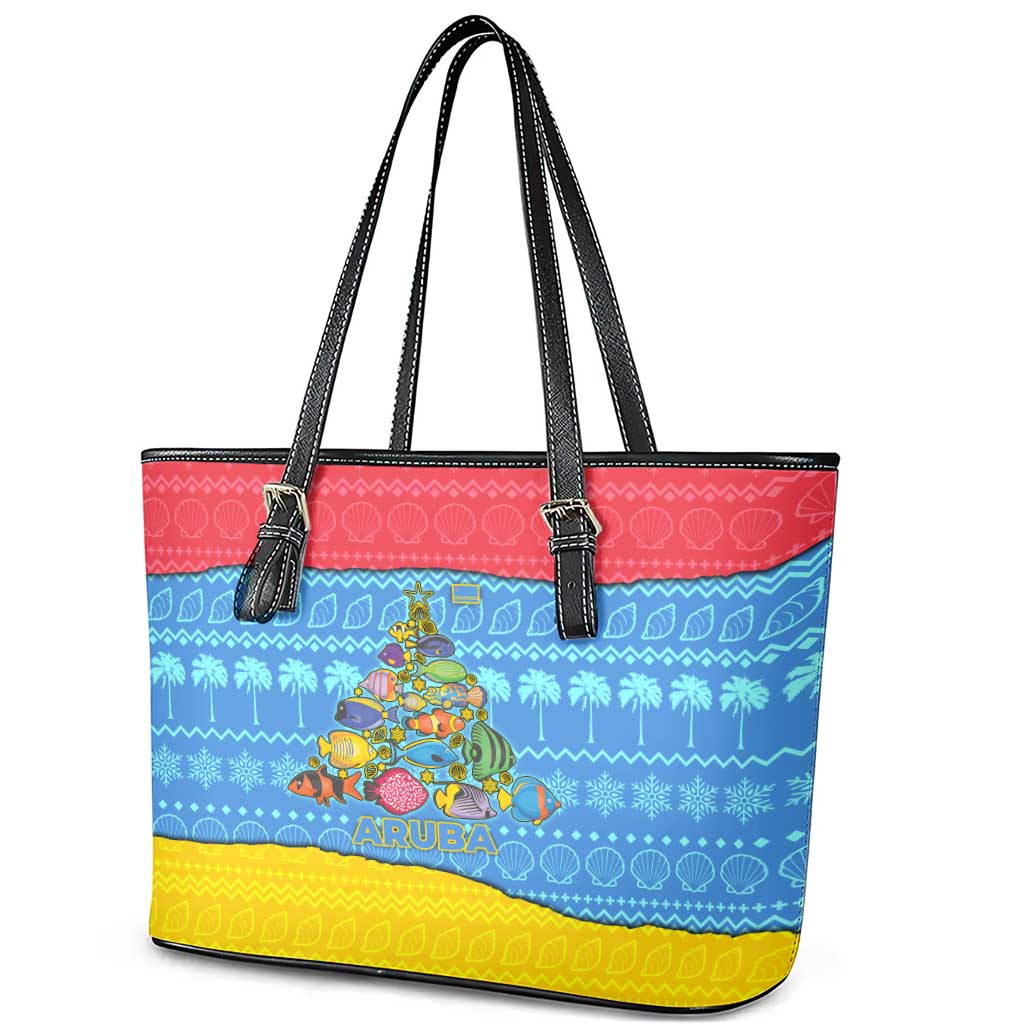 Aruba Christmas Leather Tote Bag with Fish Christmas Tree Aruba Flag and Red Blue Yellow Tropical Pattern Design - Wonder Print Shop