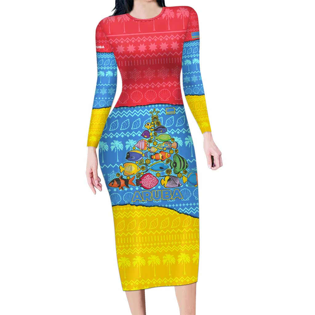 Aruba Christmas Long Sleeve Bodycon Dress with Fish Christmas Tree Aruba Flag and Red Blue Yellow Tropical Pattern Design - Wonder Print Shop