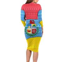 Aruba Christmas Long Sleeve Bodycon Dress with Fish Christmas Tree Aruba Flag and Red Blue Yellow Tropical Pattern Design - Wonder Print Shop