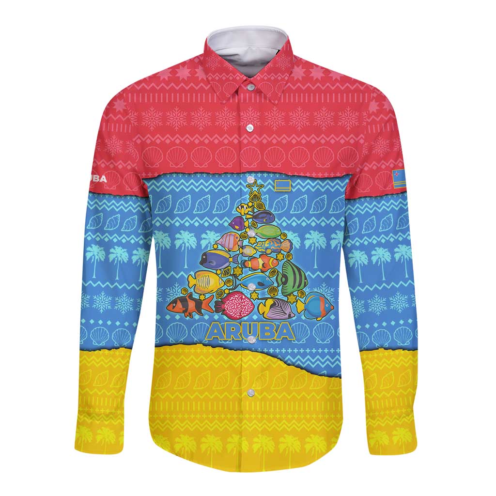Aruba Christmas Long Sleeve Button Shirt with Fish Christmas Tree Aruba Flag and Red Blue Yellow Tropical Pattern Design - Wonder Print Shop
